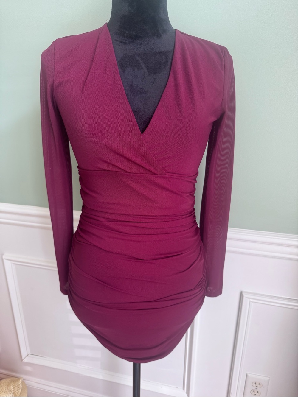 Windsor Berry Wrap-Style Ruched Long-Sleeve Dress